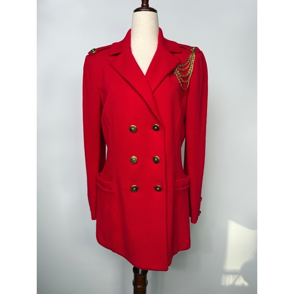 St John Collection Red Knit Double Breasted Jacket Gold Chain Detail Size 6